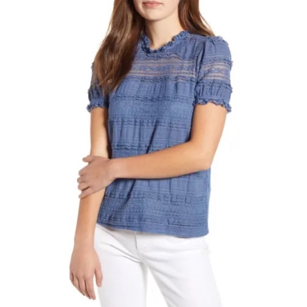 Lucky Brand Sheer Lace Detail Puff Sleeve Top NWT